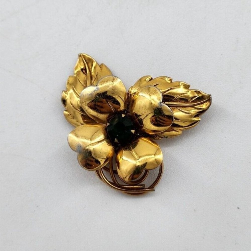 Vintage‎ CORO Brooch Pin Heart Flower Leaf Signed Designer Green Rhinestone